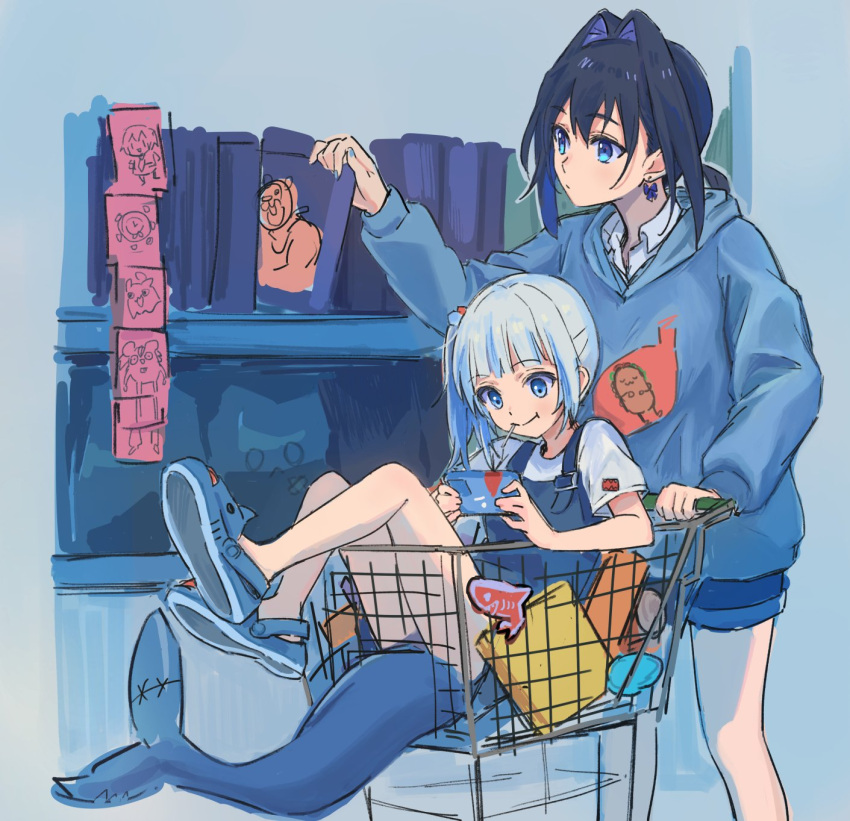 2girls blue_eyes blue_hair blue_hoodie fish_tail gawr_gura hair_intakes highres hololive hololive_english hood hoodie in_shopping_cart kisuu_(oddnumberr_) multiple_girls ouro_kronii playing_games shark_tail shopping shopping_cart tail virtual_youtuber