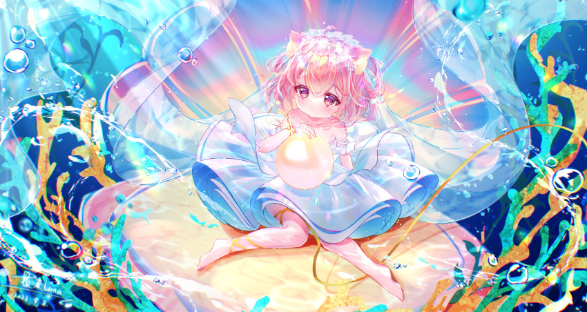 1girl animal_ears barefoot cat_ears chinese_commentary clam_shell commentary_request dated dress full_body gem hanajiang highres holding holding_gem ocean original outdoors pearl_(gemstone) pink_eyes pink_hair ribbon seaweed short_hair signature sitting strapless strapless_dress tearing_up underwater veil water water_drop white_dress wrist_cuffs yellow_ribbon