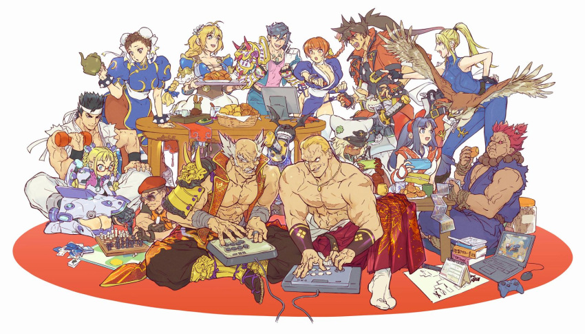 6+boys 6+girls ainu_clothes akuma_(street_fighter) arcade_stick area_(street_fighter) arm_wrap armor beads belt bird black_hair blonde_hair blue_dress blue_eyes board_game bodysuit book bow bracelet braid breasts brown_eyes brown_hair bun_cover character_request chess chessboard china_dress chinese_clothes chun-li clover computer controller copyright_request corset cross_scar crossover dark-skinned_female dark-skinned_male dark_skin dead_or_alive dog_tags double_bun dougi dress eating exercise facial_hair fatal_fury fighting_game final_fight fingerless_gloves food game_controller geese_howard glasses gloves guilty_gear guilty_gear_strive hair_bun hair_slicked_back hakama halterneck handheld_game_console hat hat_with_ears hawk headband high_ponytail highres indian_style jacket japanese_armor japanese_clothes jewelry joystick kasumi_(doa) katana laptop large_breasts long_hair lucifero mamahaha mishima_heihachi mouse_(computer) multiple_boys multiple_girls muscular muscular_male mustache nakoruru necklace open_clothes open_mouth open_vest pantyhose pelvic_curtain playing_games playstation_portable ponytail power_armor prayer_beads puffy_short_sleeves puffy_sleeves ramlethal_valentine red_bow red_eyes redhead rolento samurai_spirits sash scar short_hair short_sleeves shoulder_armor sidelocks sitting sleeveless smile sneer sode sol_badguy spiked_bracelet spikes spiky_hair street_fighter street_fighter_ex_(series) suneate sunglasses sword tabi table takayuki_nakayama tekken thigh-highs topknot topless_male tournament_bracket twin_braids twintails very_long_hair vest virtua_fighter wariza weapon weightlifting white_thighhighs widow's_peak yuki_akira