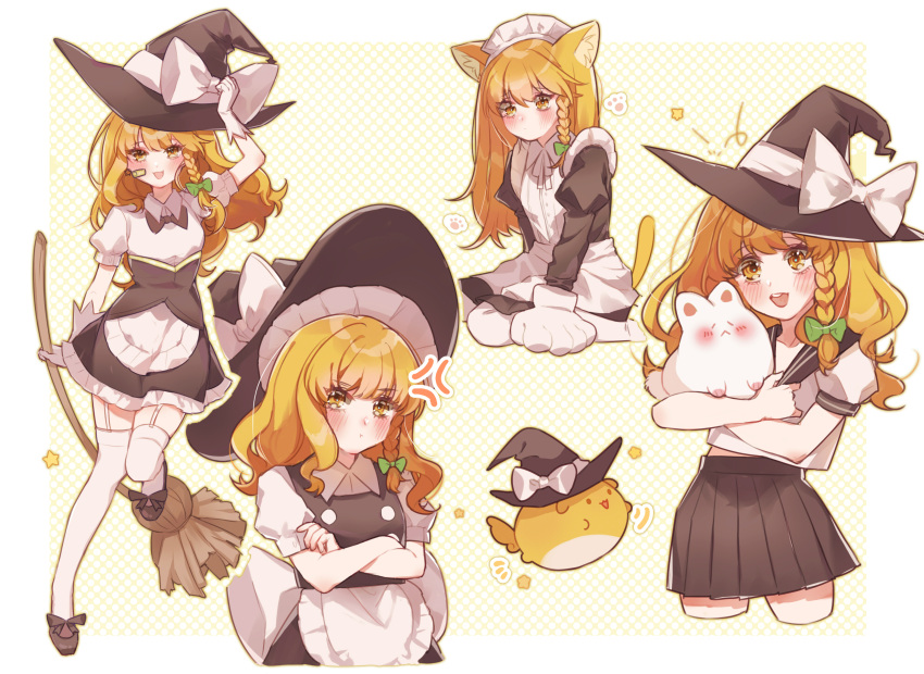 1girl :d :t absurdres anger_vein animal_ears animal_hands animal_hug apron back_bow bandaid bandaid_on_face black_bow black_bowtie black_dress black_footwear black_headwear black_sailor_collar black_skirt black_vest blonde_hair blush bow bowtie braid broom cat_ears cat_tail closed_mouth collared_shirt commentary corset creature crossed_arms dress fang footwear_bow frilled_skirt frills garter_straps gloves green_bow hair_bow hand_on_headwear hat hat_bow highres holding holding_broom iwakoo kemonomimi_mode kirisame_marisa long_hair looking_at_viewer maid_apron maid_headdress multiple_views open_mouth pantyhose paw_gloves paw_print pleated_skirt pout puffy_short_sleeves puffy_sleeves sailor_collar school_uniform shirt shoes short_sleeves single_braid skirt skirt_set smile star_(symbol) sukusuku_hakutaku tail teeth thigh-highs touhou upper_teeth vest waist_apron white_apron white_bow white_gloves white_pantyhose white_shirt white_thighhighs witch_hat yellow_eyes