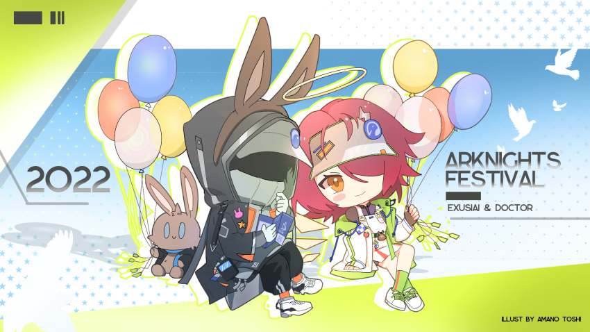 1girl 1other 2022 animal animal_ears arknights balloon bird black_jacket black_pants blush_stickers brown_gloves brown_hairband brown_wings chibi closed_mouth commentary_request crossed_legs detached_wings doctor_(arknights) exusiai_(arknights) fake_animal_ears fingerless_gloves gloves green_socks hair_over_one_eye hairband highres holding holding_balloon jacket long_sleeves open_clothes open_jacket orange_eyes orange_socks pants puffy_long_sleeves puffy_sleeves rabbit_ears redhead shirt shoes sitting skirt sleeves_past_wrists smile socks stuffed_animal stuffed_bunny stuffed_toy tianye_toshi visor_cap white_footwear white_gloves white_headwear white_shirt white_skirt wings