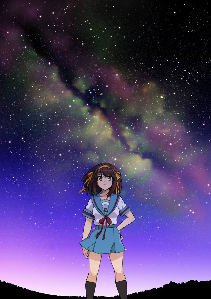 1girl absurdres blue_sailor_collar blue_skirt bow bowtie brown_eyes brown_hair commentary hair_ornament hair_ribbon hairband hand_on_hip haruhisky highres kita_high_school_uniform kyon looking_up neck_ribbon night outdoors red_ribbon ribbon sailor_collar school_uniform shirt short_hair short_sleeves skirt sky smile solo standing star_(sky) suzumiya_haruhi suzumiya_haruhi_no_yuuutsu thigh-highs