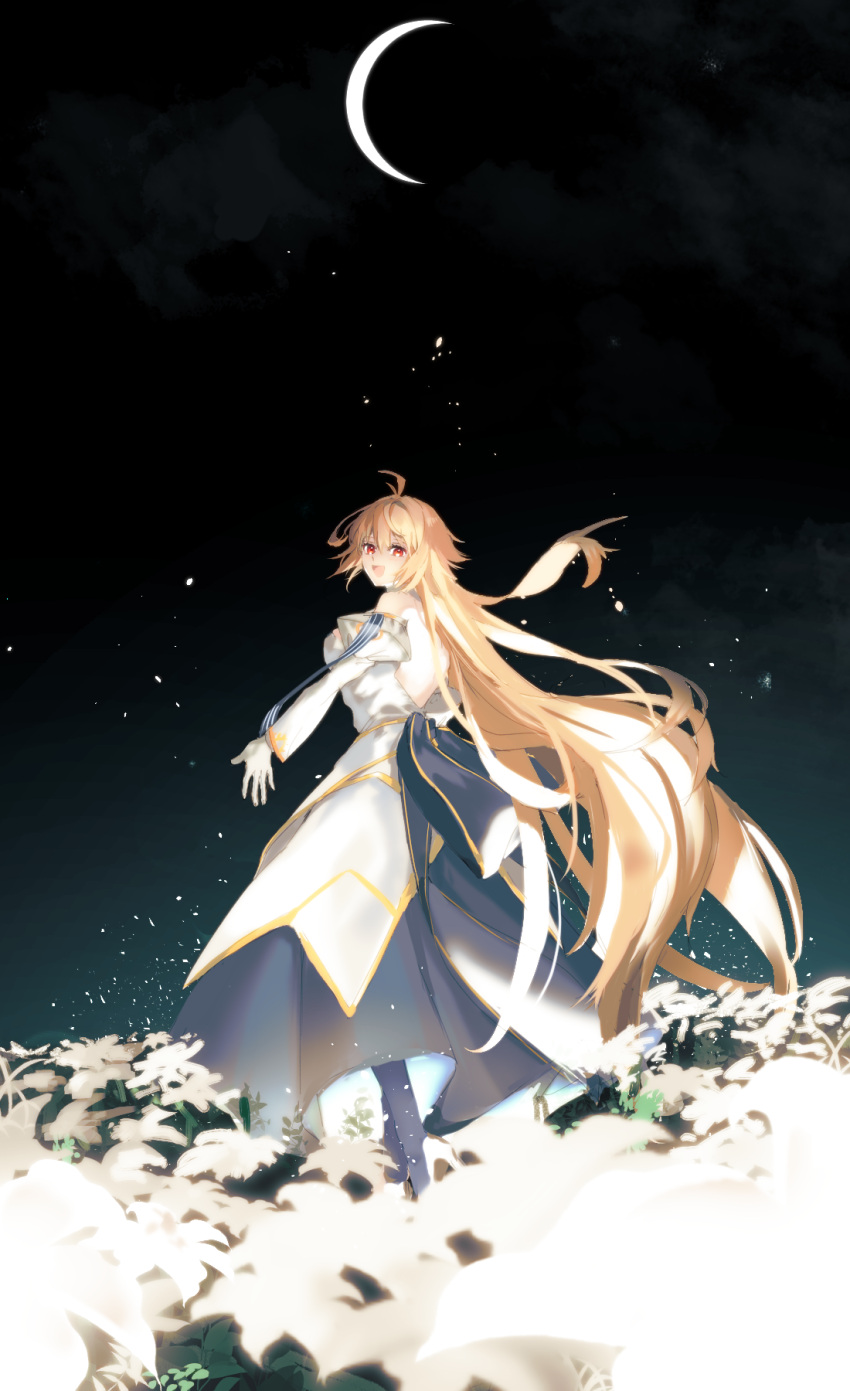 1girl ahoge archetype_earth arcueid_brunestud backless_dress backless_outfit black_footwear blonde_hair boots breasts commentary crescent_moon dress fate/grand_order fate_(series) field flower flower_field full_body gloves happy highres long_hair looking_at_viewer looking_back medium_breasts moon night night_sky open_mouth outdoors sky smile ss_un17 star_(sky) starry_sky strapless strapless_dress very_long_hair white_dress white_flower white_gloves