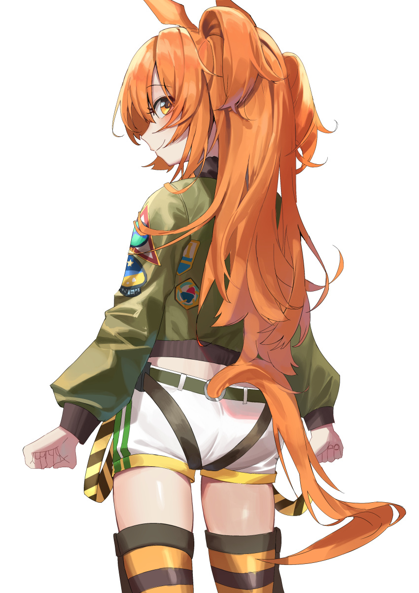 1girl absurdres animal_ears bangs bomber_jacket clenched_hands closed_mouth cowboy_shot from_behind green_jacket haruyuki_(gffewuoutgblubh) highres horse_ears horse_girl horse_tail jacket long_hair long_sleeves looking_at_viewer looking_back mayano_top_gun_(umamusume) orange_eyes orange_hair shorts sideways_mouth simple_background smile solo tail tail_through_clothes thigh-highs umamusume white_background white_shorts
