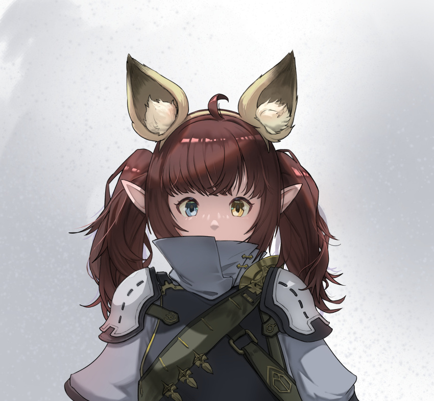 1girl ahoge animal_ear_fluff animal_ears armor avatar_(ff14) blue_eyes brown_hair covered_mouth eyelashes fake_animal_ears final_fantasy final_fantasy_xiv food211 grey_background heterochromia highres lalafell long_hair looking_at_viewer pauldrons pointy_ears shiny shiny_hair shoulder_armor solo twintails upper_body yellow_eyes
