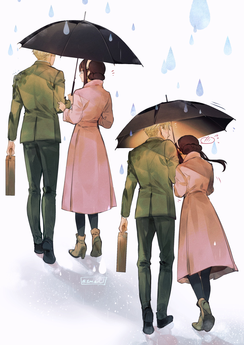 1boy 1girl absurdres black_hair blonde_hair briefcase brown_footwear commentary earrings full_body green_jacket green_pants hairband headband highres holding holding_briefcase holding_umbrella husband_and_wife jacket jewelry maiii_(smaii_i) notice_lines pants rain shared_umbrella simple_background spoken_blush spy_x_family symbol-only_commentary trench_coat twilight_(spy_x_family) umbrella walking white_background white_hairband yor_briar