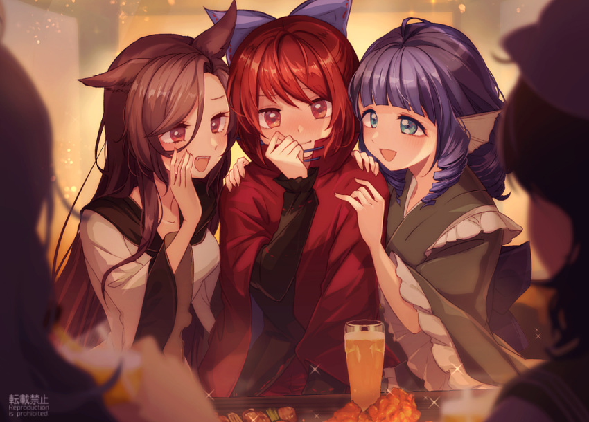 5girls alcohol animal_ears bangs banned_artist beer blue_hair blunt_bangs blurry blurry_background blurry_foreground bow brown_hair cape commentary depth_of_field dress drill_hair efxc frills grass_root_youkai_network green_kimono hair_bow head_fins imaizumi_kagerou japanese_clothes jewelry kimono long_hair long_sleeves mermaid monster_girl multiple_girls redhead sash sekibanki short_hair touhou wakasagihime wide_sleeves wolf_ears