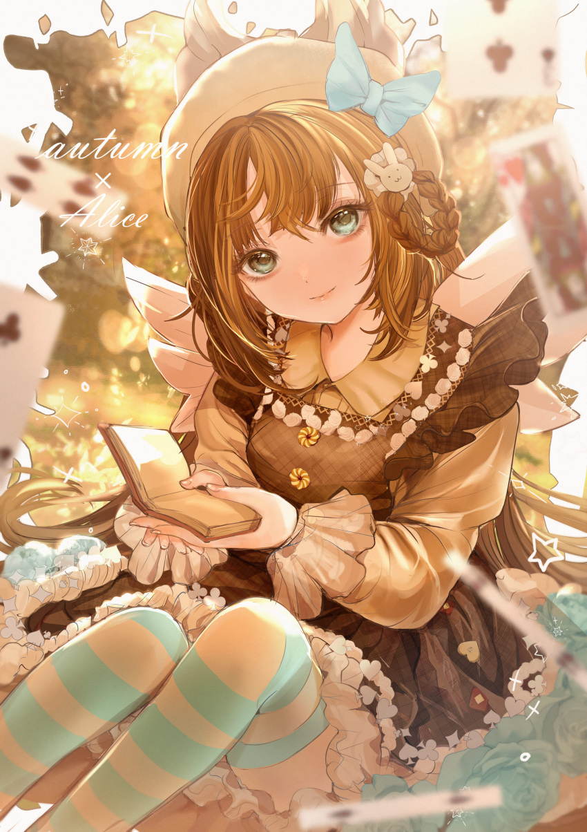 1girl absurdres aqua_thighhighs autumn blurry blurry_background blurry_foreground book breasts brown_dress brown_hair card commentary_request dress english_text feet_out_of_frame frilled_dress frills green_eyes hair_rings hat head_tilt highres holding holding_book komirihikku long_hair long_sleeves looking_at_viewer medium_breasts original outdoors playing_card sitting smile star_(symbol) striped striped_thighhighs thigh-highs very_long_hair white_headwear white_thighhighs