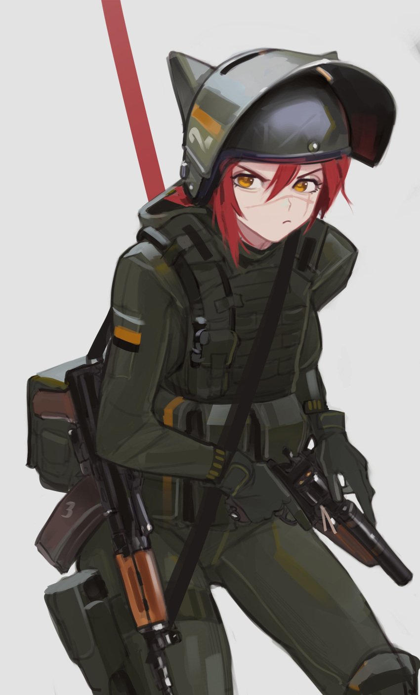 1girl absurdres ak-47 ak-74 ammunition_pouch animal_ears assault_rifle bulletproof_vest cat_ears cat_girl frown gloves gun handgun helmet highres kalashnikov_rifle original polilla pouch redhead revolver rifle scar scar_on_face short_hair solo tactical_clothes visor_(armor) weapon yellow_eyes