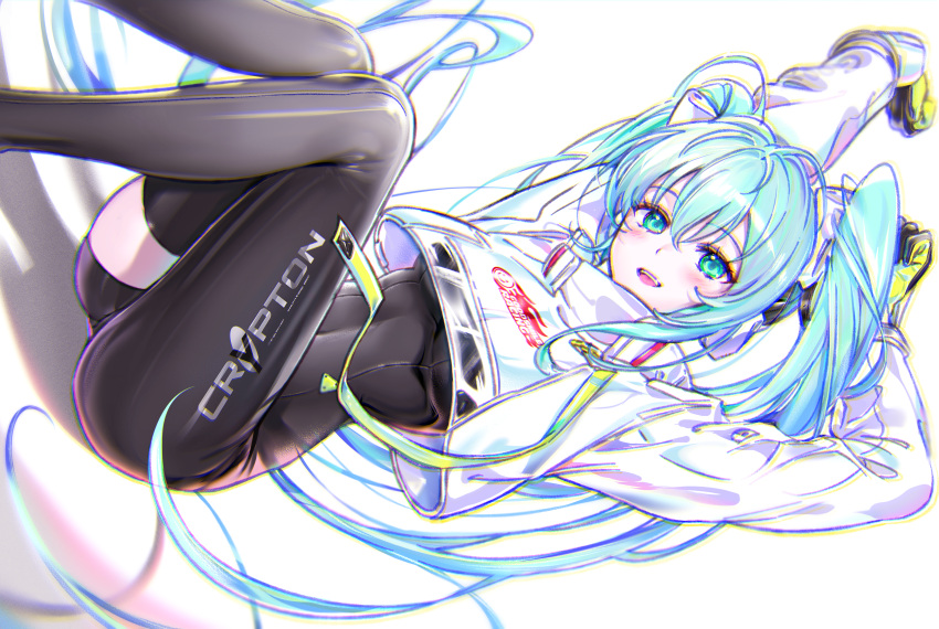 1girl absurdres aqua_eyes aqua_hair arms_up asymmetrical_bodysuit bangs black_bodysuit black_gloves black_thighhighs blush bodysuit breasts covered_navel crop_top crop_top_overhang cropped_jacket crypton_future_media flag flagpole gloves goodsmile_racing green_gloves hair_between_eyes hairpods hatsune_miku highres holding holding_flag jacket linea_alba long_hair long_sleeves looking_at_viewer medium_breasts open_mouth puffy_long_sleeves puffy_sleeves racing_miku racing_miku_(2022) shrug_(clothing) sidelocks single_thighhigh solo text_print thigh-highs tj twintails two-tone_gloves under_boob very_long_hair vocaloid white_background white_jacket