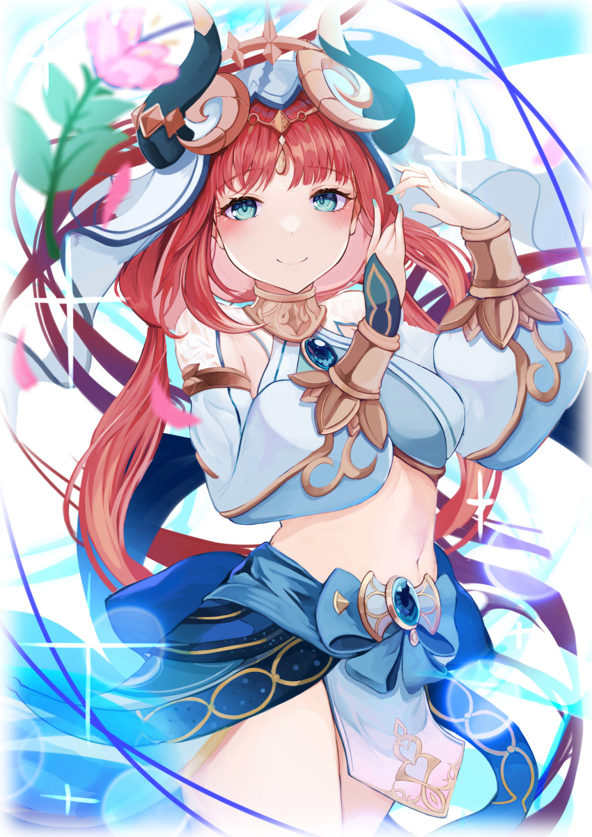 1girl absurdres akao_kito bangs bare_legs blue_eyes dancing eyebrows_hidden_by_hair fake_horns genshin_impact hair_ornament highres horns long_hair looking_at_viewer nail_polish nilou_(genshin_impact) redhead skirt smile solo stomach twintails veil