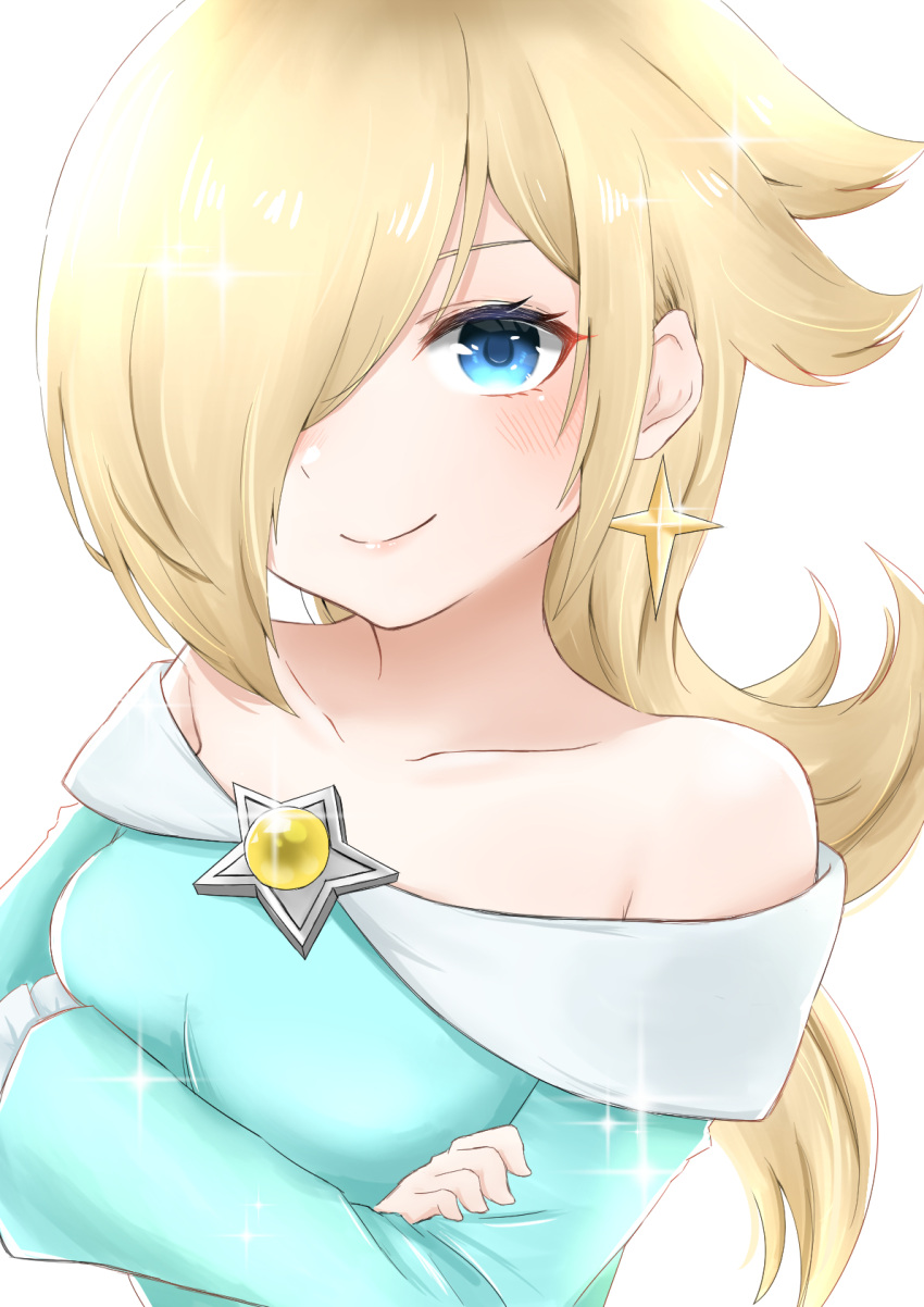 1girl bangs blonde_hair blue_dress blue_eyes blush brooch collarbone crossed_arms dress earrings hair_over_one_eye highres jewelry long_hair long_sleeves looking_at_viewer off_shoulder rosalina smile solo star_(symbol) star_earrings super_mario_bros. tomatomiya upper_body white_background