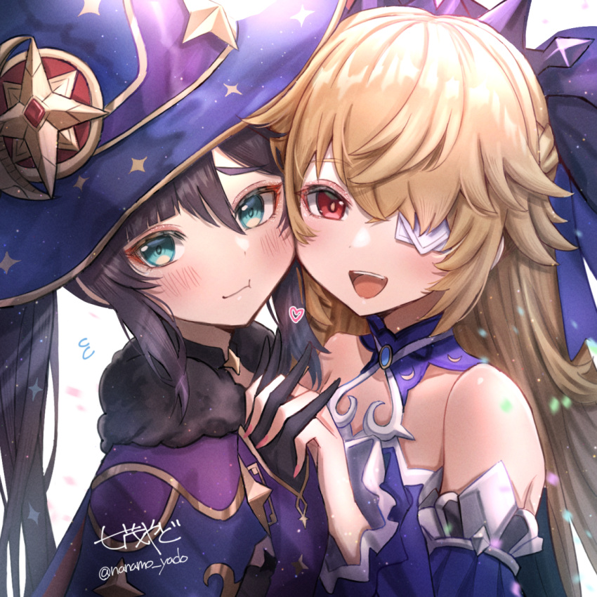 2girls :d bare_shoulders black_gloves black_hair blonde_hair blush capelet closed_mouth detached_sleeves doyamona eyepatch fischl_(genshin_impact) fur-trimmed_capelet fur_trim genshin_impact gloves green_eyes hat interlocked_fingers looking_at_viewer mona_(genshin_impact) multiple_girls nail_polish red_eyes smile witch_hat