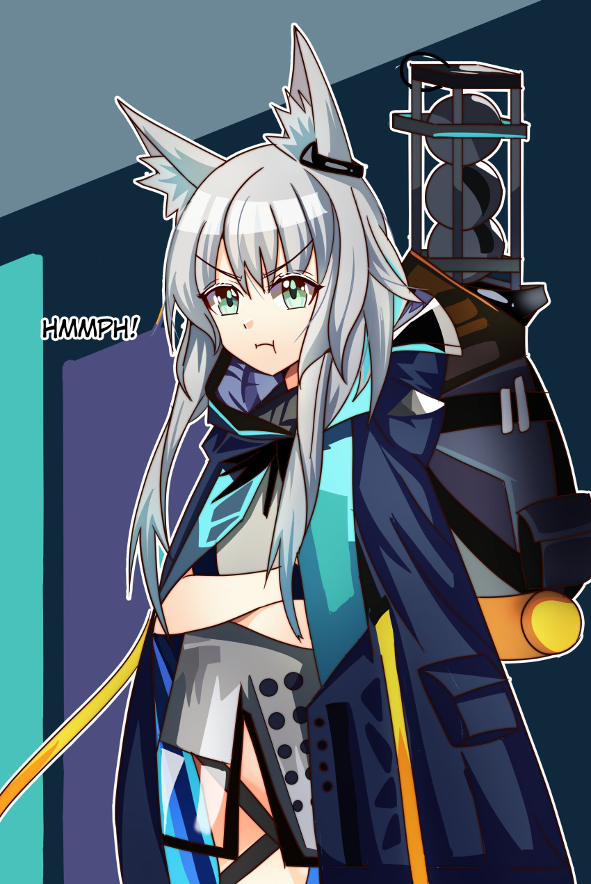 1girl :i absurdres animal_ear_fluff animal_ears arknights bangs black_jacket cat_ears closed_mouth commentary crossed_arms dress english_commentary green_eyes grey_dress hair_between_eyes highres hood hood_down hooded_jacket jacket jacket_on_shoulders long_hair pout rosmontis_(arknights) solo tyco0z v-shaped_eyebrows