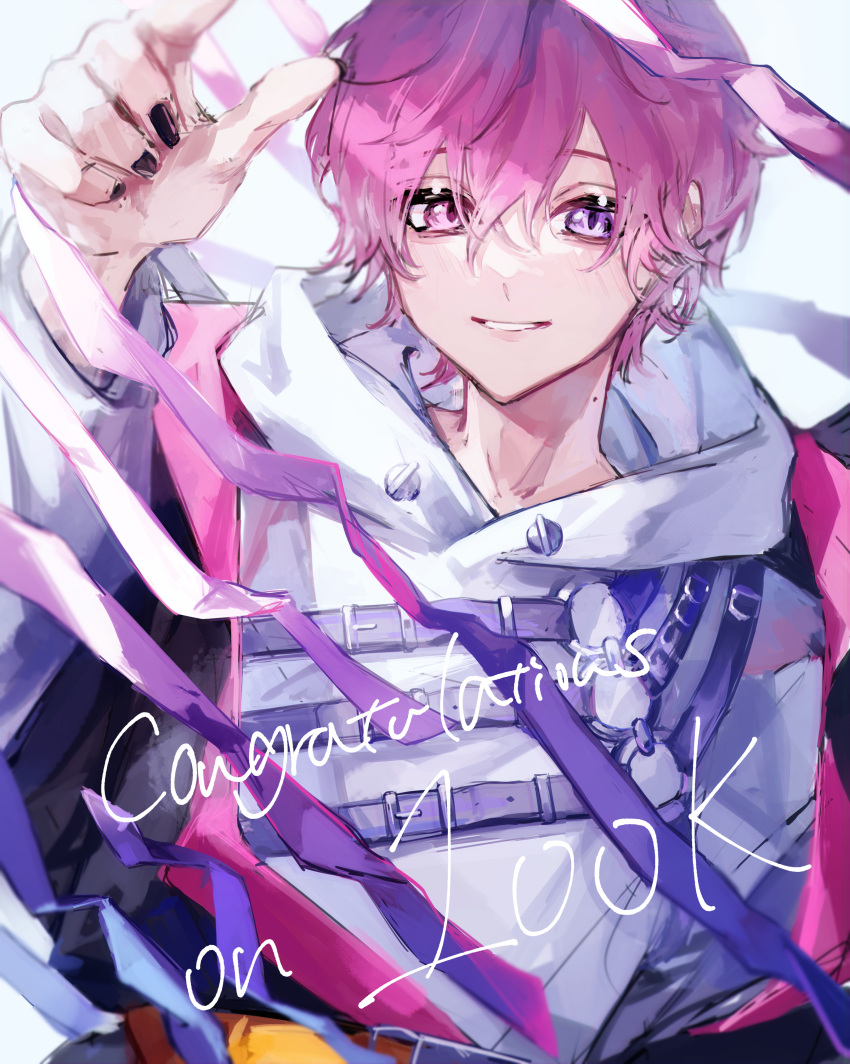 1boy absurdres congratulations heterochromia highres hood hood_down hoodie looking_at_viewer male_focus mole mole_on_neck nail_polish nijisanji nijisanji_en pink_eyes purple_hair s_poi_l short_hair solo uki_violeta violet_eyes virtual_youtuber white_background