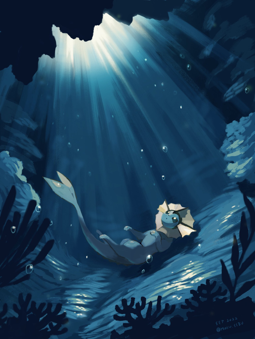 air_bubble animal_focus bubble coral dated highres light_rays looking_up mokuzou_(moku_ssbu) no_humans pokemon pokemon_(creature) solo twitter_username underwater vaporeon