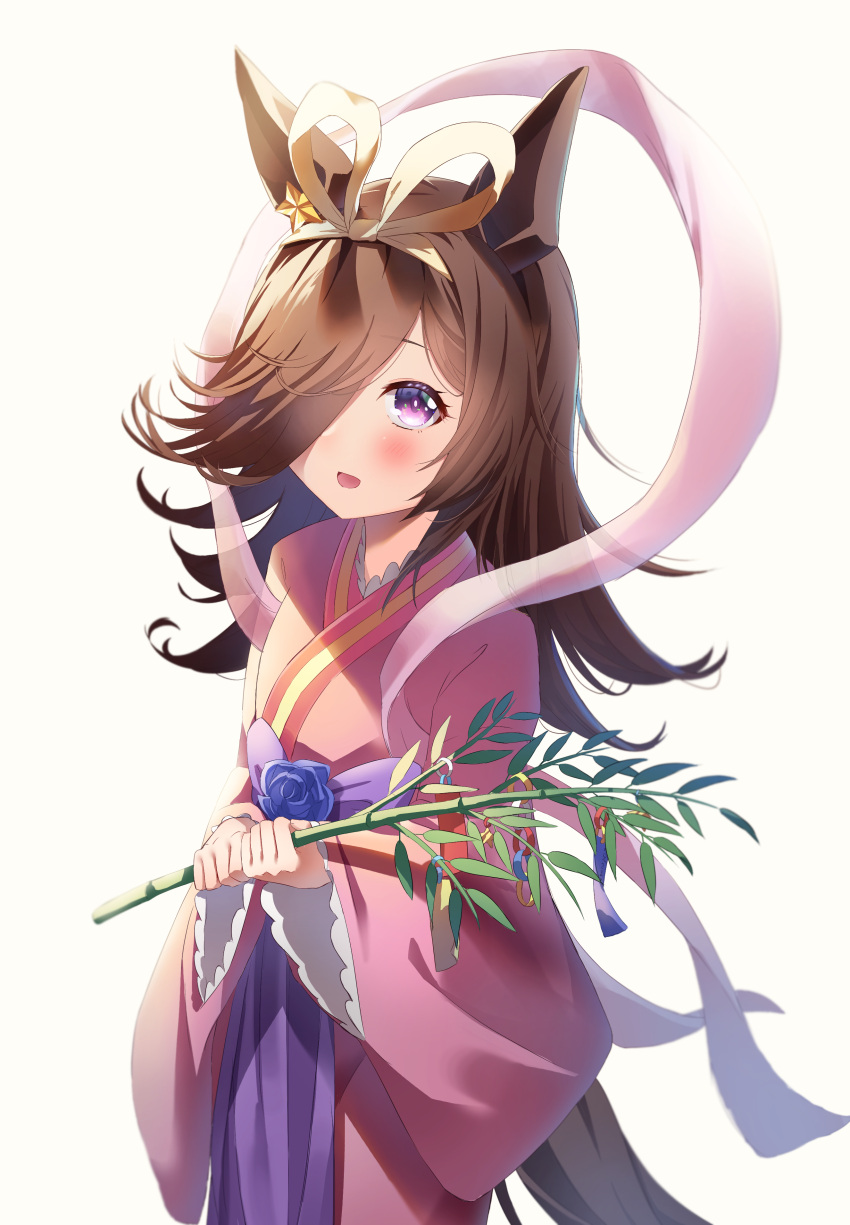 1girl absurdres alternate_costume animal_ears bamboo blush brown_hair hagoromo hair_over_one_eye hairband highres horse_ears horse_girl horse_tail japanese_clothes kimono long_hair long_sleeves looking_at_viewer open_mouth pink_kimono reo-illust4696 rice_shower_(umamusume) shawl simple_background smile solo standing tail tanabata umamusume violet_eyes white_background wide_sleeves