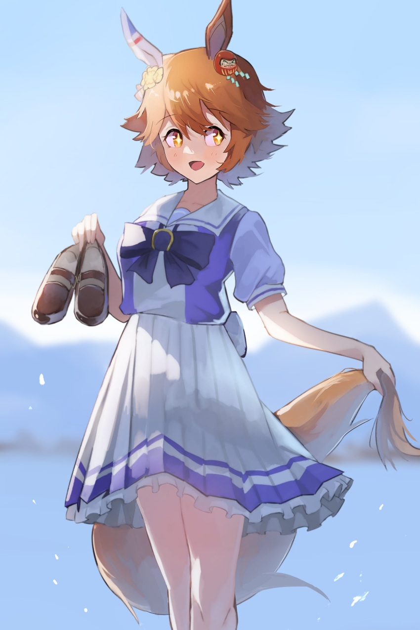 +_+ 1girl absurdres animal_ears bangs blush bow bowtie brown_footwear clover_hair_ornament daruma_doll feet_out_of_frame hair_ornament highres holding holding_own_tail holding_shoes horse_ears horse_girl horse_tail matikanefukukitaru_(umamusume) no_842 open_mouth orange_hair purple_shirt school_uniform shirt shoes short_hair short_sleeves skirt smile solo standing tail tracen_school_uniform umamusume white_skirt yellow_eyes