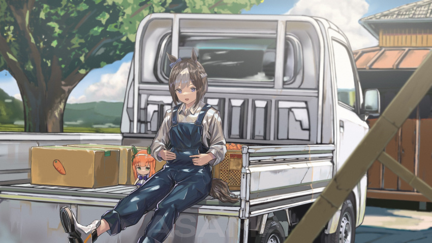 2girls absurdres animal_ears artist_name asama_(drift_in) bangs blue_bow blue_overalls bow box breasts brown_hair building cardboard_box carrot chibi clouds commentary_request ground_vehicle hair_bow highres horse_ears horse_girl horse_tail large_breasts meisho_doto_(umamusume) motor_vehicle multicolored_hair multiple_girls outdoors overalls pickup_truck rural shirt short_hair silence_suzuka_(umamusume) sitting tail tree truck two-tone_hair umamusume violet_eyes watermark white_hair