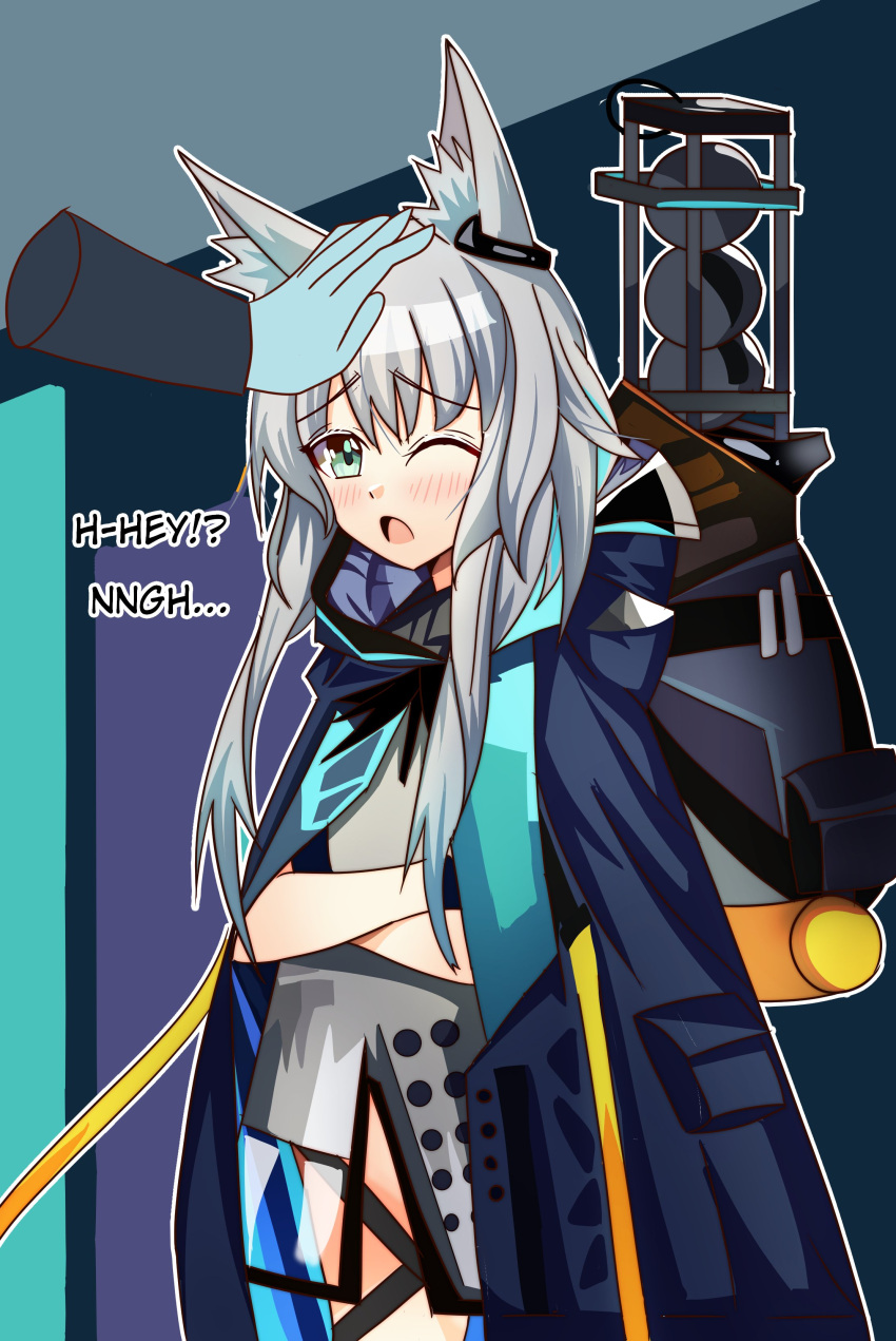 1girl 1other absurdres animal_ear_fluff animal_ears arknights bangs black_jacket blue_gloves blush cat_ears crossed_arms disembodied_limb doctor_(arknights) dress english_text gloves green_eyes grey_dress hair_between_eyes headpat highres hood hood_down hooded_jacket jacket jacket_on_shoulders long_hair one_eye_closed open_mouth rosmontis_(arknights) solo_focus tyco0z