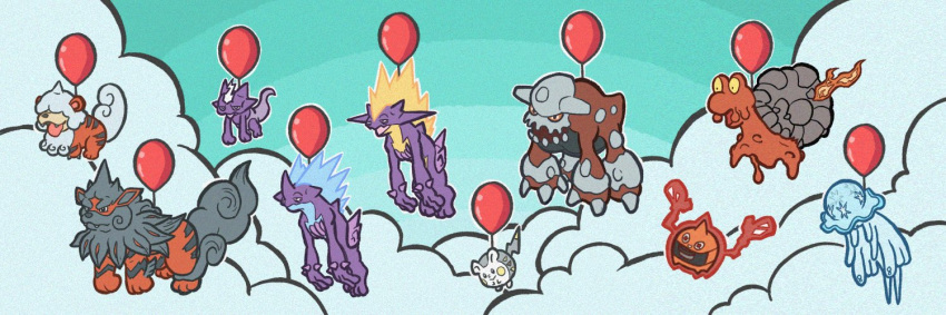 above_clouds balloon closed_mouth clouds commentary_request debudebumetabo fangs fangs_out floating heatran hisuian_arcanine hisuian_growlithe magcargo nihilego no_humans outdoors pokemon pokemon_(creature) rotom rotom_(heat) smile togedemaru toxel toxtricity toxtricity_(amped) toxtricity_(low_key)