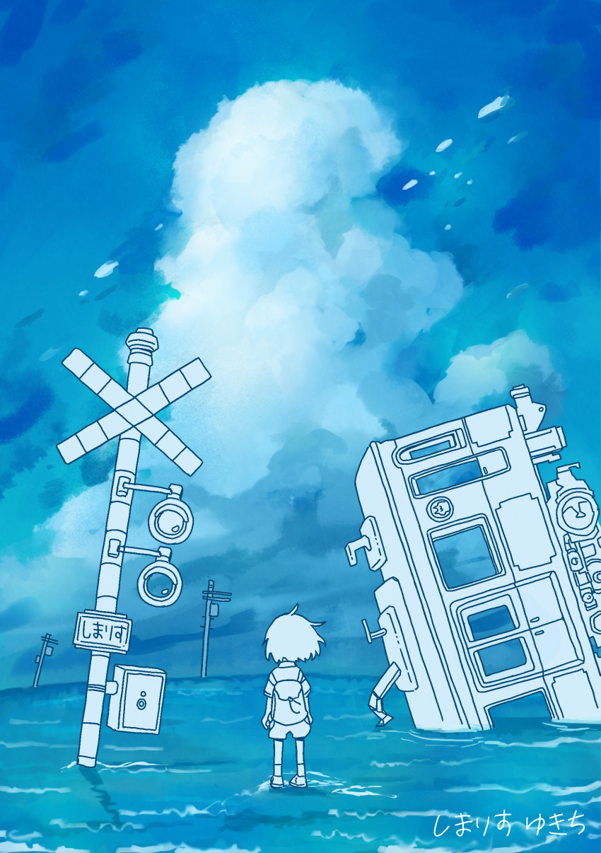 1girl absurdres backpack bag blue_sky clouds cloudy_sky colored_skin from_behind ground_vehicle highres monochrome original road_sign shirt shoes short_hair shorts sign sky solo standing traffic_light train water white_footwear white_hair white_shirt white_shorts white_skin yukichi_nya
