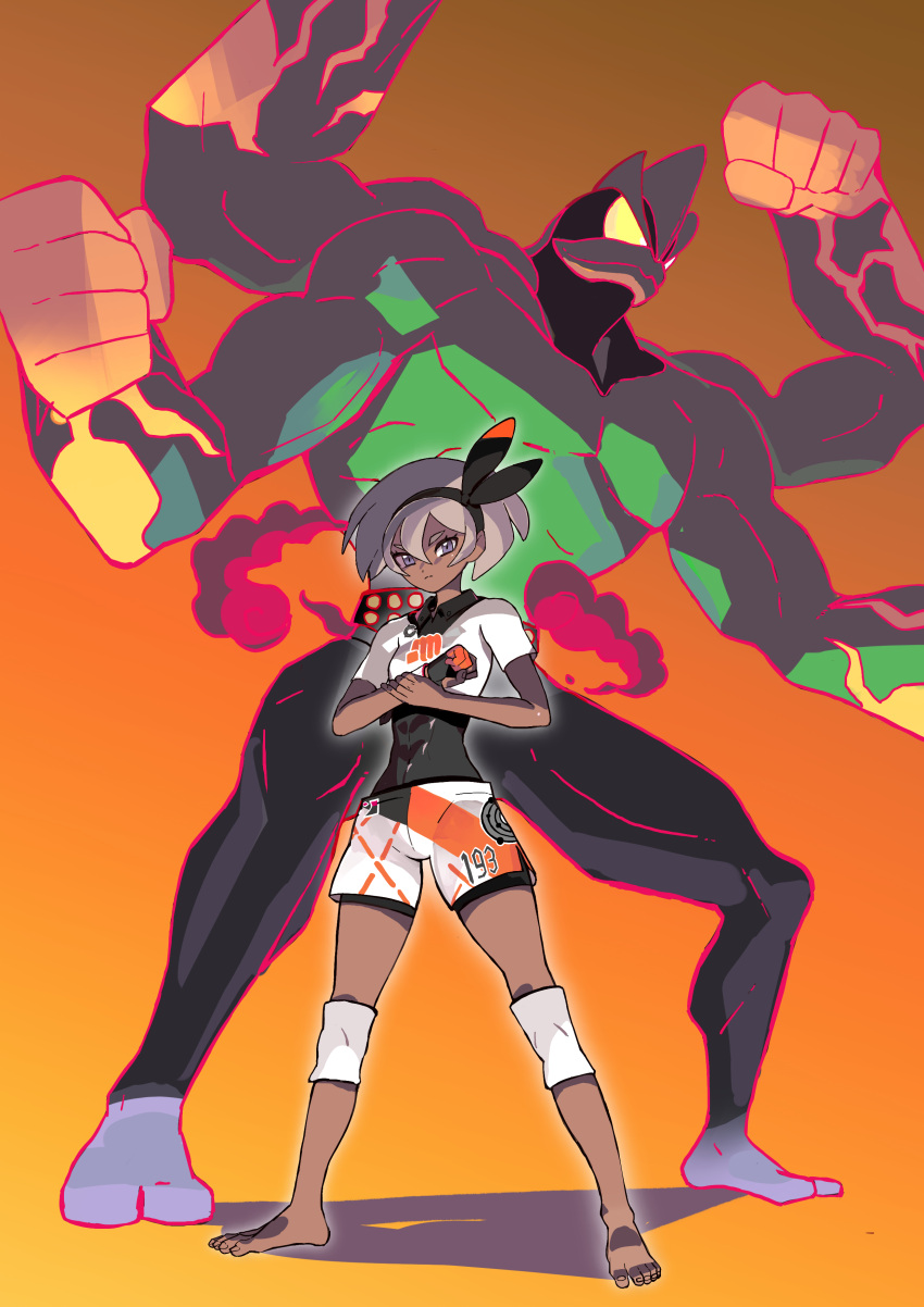 1girl absurdres bangs barefoot bea_(pokemon) black_bodysuit black_hairband bodysuit bodysuit_under_clothes bow_hairband closed_mouth collared_shirt commentary dark-skinned_female dark_skin dynamax_band gigantamax gigantamax_machamp gloves grey_eyes grey_hair hair_between_eyes hairband highres hiro_(user_negm3832) holding_own_wrist knee_pads looking_at_viewer machamp orange_background pokemon pokemon_(creature) pokemon_(game) pokemon_swsh print_shirt print_shorts shirt short_hair short_sleeves shorts side_slit side_slit_shorts single_glove standing