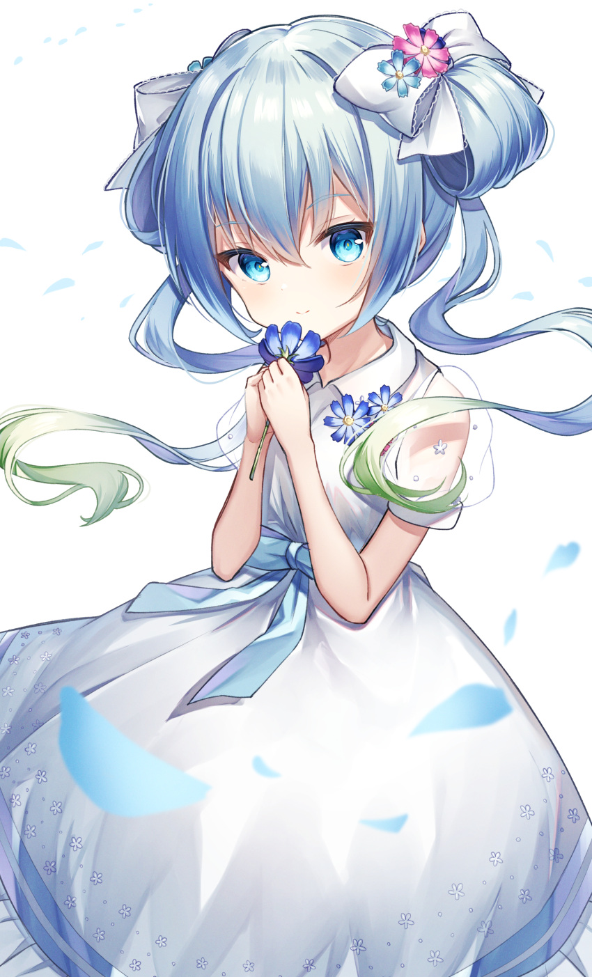 1girl absurdres bangs blue_bow blue_eyes blue_flower blue_hair bow closed_mouth collared_shirt commentary_request double_bun dress flower frilled_dress frills gradient_hair green_hair hair_between_eyes hair_bow hair_bun hands_up highres holding holding_flower multicolored_hair ongeki petals pink_flower puffy_short_sleeves puffy_sleeves see-through see-through_sleeves shirt short_sleeves simple_background smile solo suzushima_arisu torokeru_none twintails white_background white_bow white_dress
