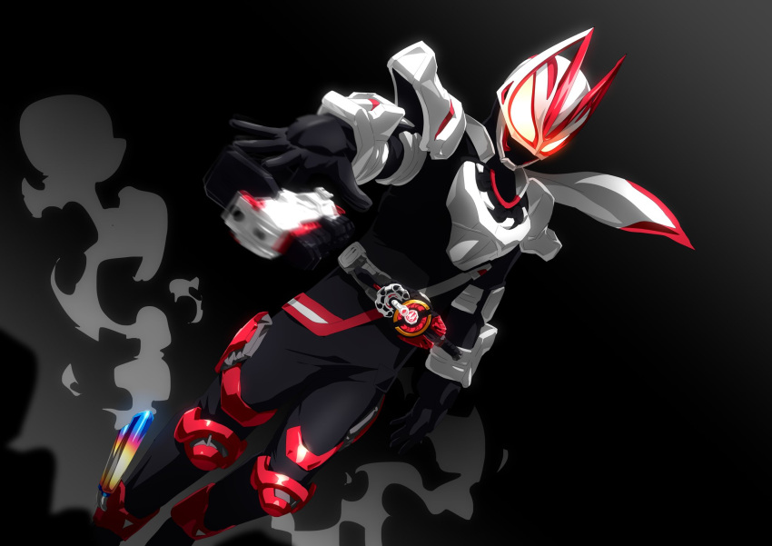 1boy animal_ears armor black_background black_bodysuit black_footwear black_gloves bodysuit boost_buckle boots desire_driver driver_(kamen_rider) dutch_angle exhaust exhaust_pipe fox fox_ears full_body gloves glowing glowing_eyes gun gun_twirling handgun highres kamen_rider kamen_rider_geats kamen_rider_geats_(series) kitsune leg_armor logo magnum_boost magnum_buckle magnum_shooter_40x orange_armor otokamu outstretched_arms rider_belt scarf shoulder_armor sparks spread_arms tokusatsu weapon white_armor white_scarf