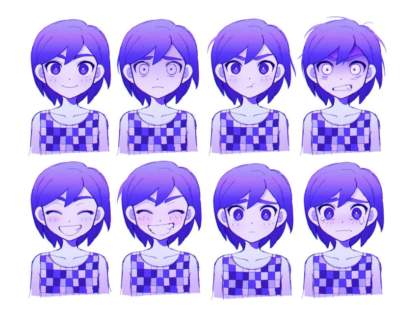 1boy angry blush bright_pupils closed_eyes closed_mouth collarbone colored_skin crying crying_with_eyes_open expressions facing_viewer grin highres kbs_omo kel_(omori) looking_at_viewer omori parted_lips pout pouty_lips purple_hair sad short_hair simple_background smile tears teeth violet_eyes white_background white_pupils white_skin