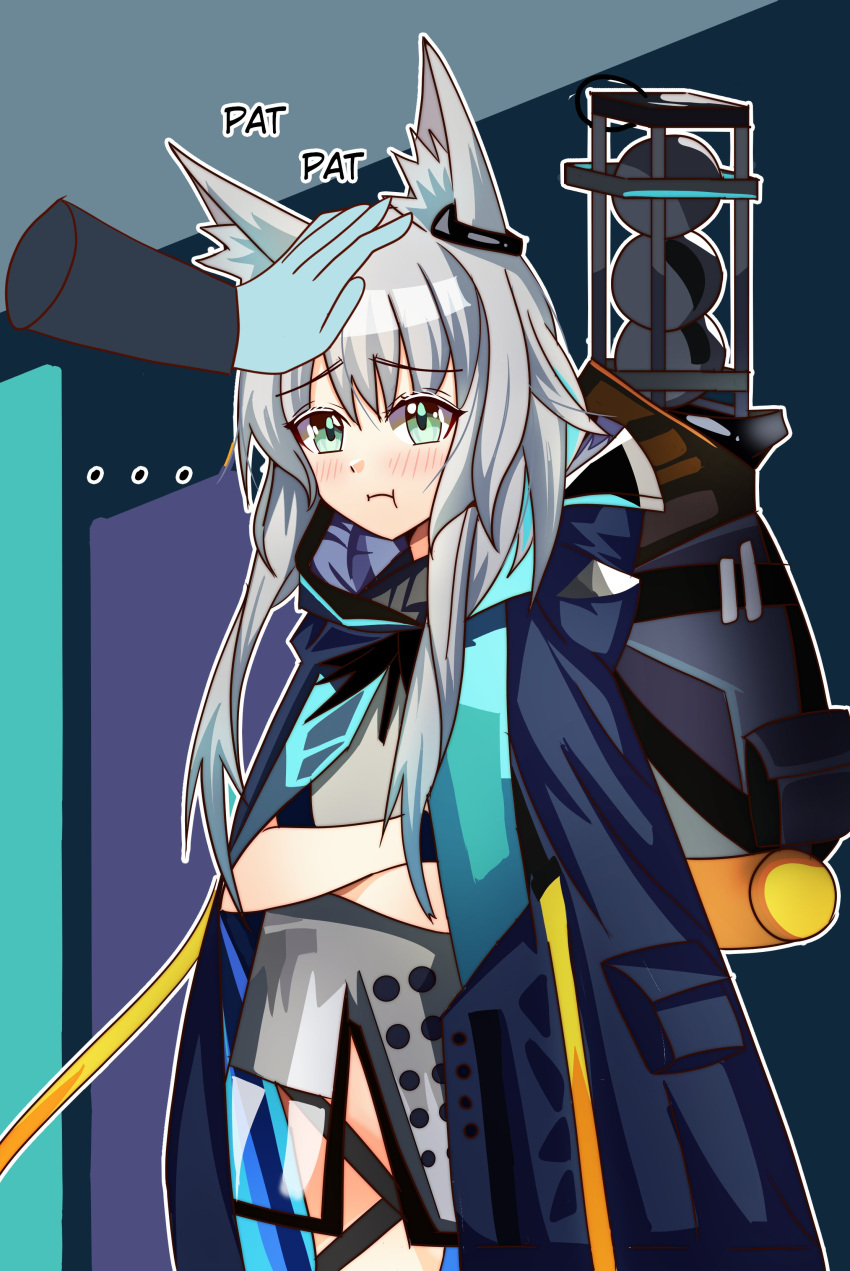 ... 1girl 1other :i absurdres animal_ear_fluff animal_ears arknights bangs black_jacket blue_gloves blush cat_ears closed_mouth crossed_arms disembodied_limb doctor_(arknights) dress gloves green_eyes grey_dress hair_between_eyes headpat highres hood hood_down hooded_jacket jacket jacket_on_shoulders long_hair pout rosmontis_(arknights) solo_focus tyco0z
