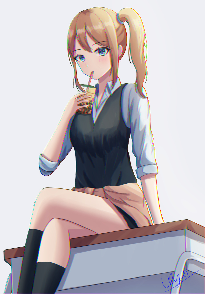 1girl absurdres bangs black_skirt black_socks black_vest blonde_hair blue_eyes blue_scrunchie bubble_tea clothes_around_waist collared_shirt crossed_legs desk dress_shirt drinking_straw grey_background grey_shirt hair_between_eyes hair_ornament hair_scrunchie hayasaka_ai highres kaguya-sama_wa_kokurasetai_~tensai-tachi_no_renai_zunousen~ long_hair looking_at_viewer miniskirt on_desk parted_lips school_uniform scrunchie shirt shuuchiin_academy_school_uniform side_ponytail sitting sitting_on_desk skirt socks solo sweater sweater_around_waist ukyou_(ukyopokemon) vest wing_collar