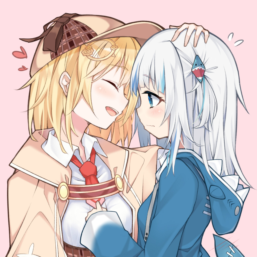 2girls :d ai_cao arm_up bangs blonde_hair blue_eyes blue_hair blue_hoodie blush bow breasts brown_bow brown_headwear brown_jacket brown_skirt closed_eyes closed_mouth collared_shirt commentary drawstring facing_another fish_tail flying_sweatdrops gawr_gura grey_hair hair_between_eyes hair_ornament hand_on_another's_head heart high-waist_skirt highres hololive hololive_english hood hood_down hoodie jacket long_hair looking_at_another multicolored_hair multiple_girls one_side_up pink_background plaid plaid_skirt profile shark_tail shirt simple_background skirt small_breasts smile streaked_hair tail virtual_youtuber watson_amelia white_shirt yuri