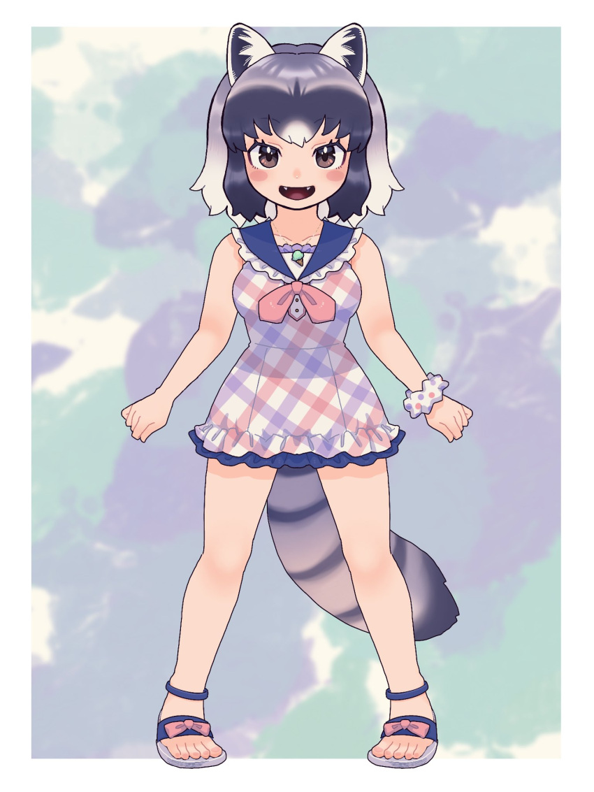 1girl an-chan_(ananna0315) animal_ears blue_one-piece_swimsuit blush brown_eyes collar commentary_request common_raccoon_(kemono_friends) fangs frilled_collar frilled_swimsuit frills full_body grey_hair highres kemono_friends kemono_friends_3 looking_at_viewer multicolored_clothes multicolored_hair multicolored_swimsuit neckerchief official_alternate_costume one-piece_swimsuit open_mouth plaid plaid_swimsuit raccoon_ears raccoon_girl raccoon_tail red_neckerchief red_one-piece_swimsuit sailor_collar sandals scrunchie short_hair solo swimsuit tail white_one-piece_swimsuit wrist_scrunchie