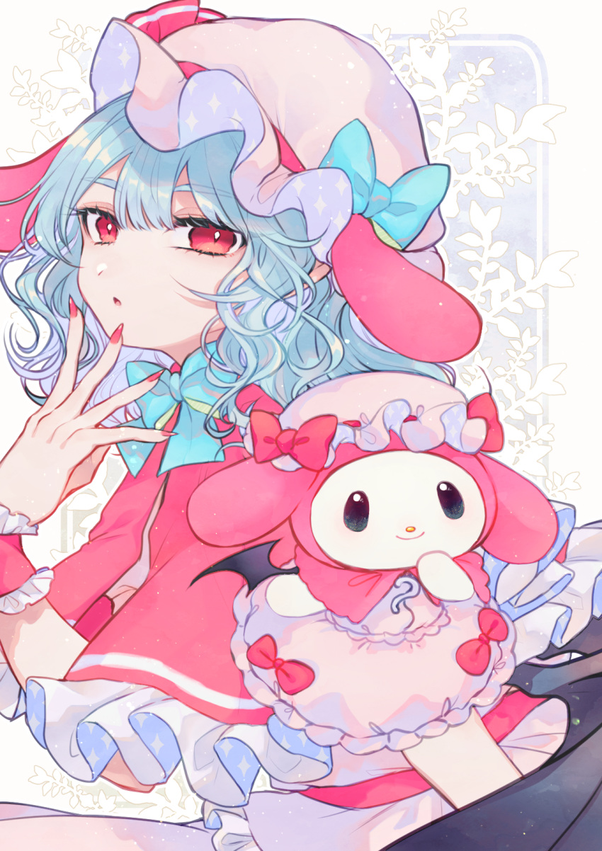 1girl alternate_costume animal_ears bangs bat_wings black_wings blue_bow blue_hair bow capelet curly_hair dog_ears eyelashes fang fingernails floral_background frilled_capelet frilled_cuffs frills hand_to_own_mouth hand_up hat hat_bow hat_ribbon highres katai_(nekoneko0720) long_fingernails looking_at_viewer medium_hair mob_cap my_melody nail_polish onegai_my_melody open_mouth outstretched_hand pink_bow pink_capelet pink_nails red_eyes red_nails remilia_scarlet ribbon touhou wings wrist_cuffs