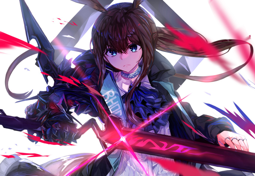 1girl amiya_(arknights) animal_ears arknights bangs black_coat blue_eyes brown_hair choker closed_mouth coat diffraction_spikes frown gauntlets highres holding holding_sword holding_weapon hood hood_down hooded_coat jabot jewelry long_hair long_sleeves looking_at_viewer multiple_rings open_clothes open_coat ponytail rabbit_ears ring shirt solo sword tetra_(ktet4_illu) upper_body weapon white_shirt