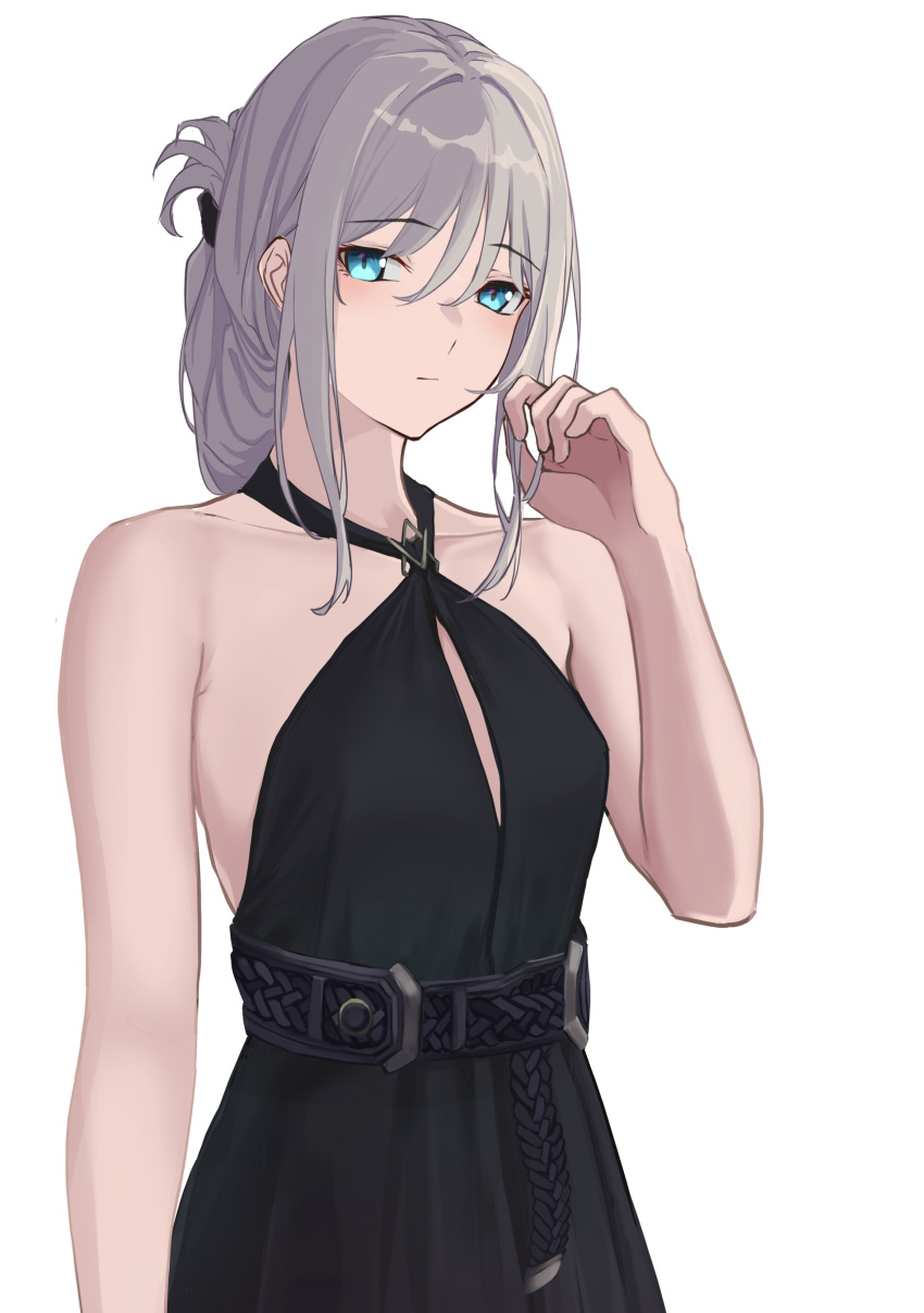 1girl 3_small_spiders absurdres alternate_hairstyle an-94_(girls'_frontline) an-94_(silent_rouge)_(girls'_frontline) aqua_hair backless_dress backless_outfit bare_shoulders blue_eyes dress evening_gown folded_ponytail girls_frontline halter_dress halterneck hand_up highres long_hair official_alternate_costume white_background
