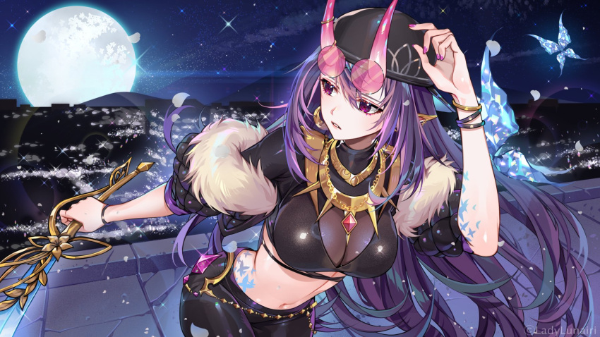 1girl bracelet breasts bug butterfly butterfly_tattoo cityscape cowboy_shot eyewear_on_head full_moon fur_trim hat highres holding holding_sword holding_weapon horns indie_virtual_youtuber jewelry large_breasts latex leaning_forward long_hair looking_away moon nail_polish navel night oni_horns orange_sekaii parted_lips purple_hair red_eyes skin_tight sky solo star_(sky) starry_sky sword tattoo very_long_hair weapon