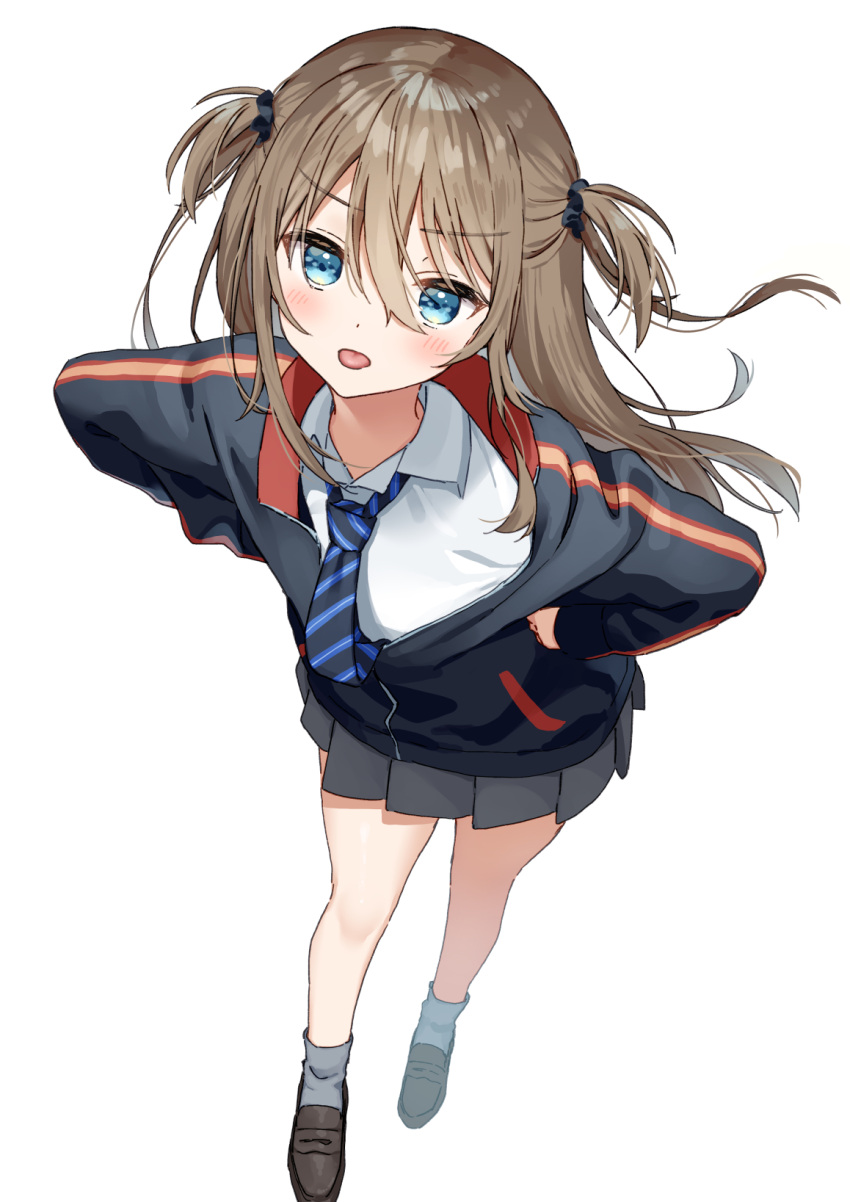 1girl bangs bare_legs black_hoodie black_necktie black_scrunchie blue_eyes blue_necktie blush brown_footwear brown_hair closed_mouth collared_shirt dot_nose flat_chest full_body grey_skirt grey_socks grimace hair_between_eyes hands_on_hips highres hood hood_down hoodie light_frown loafers long_hair long_sleeves looking_at_viewer muninshiki necktie original pleated_skirt scrunchie shirt shoes short_twintails simple_background skirt socks solo standing striped_necktie tongue tongue_out twintails two_side_up uniform white_background white_shirt zipper