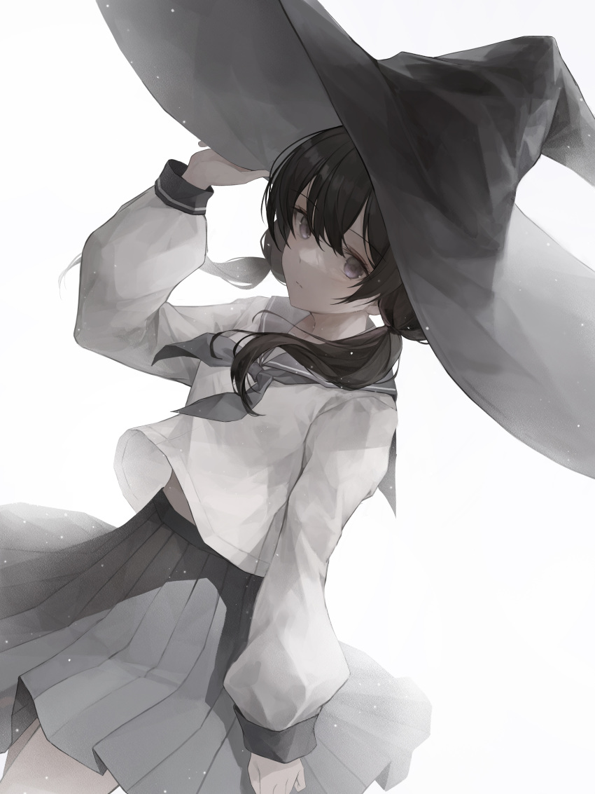 1girl absurdres bangs black_hair commentary crystalherb grey_headwear grey_neckerchief grey_sailor_collar grey_skirt hair_between_eyes hand_on_headwear hat highres long_hair low_twintails neckerchief original pleated_skirt sailor_collar school_uniform serafuku shirt simple_background skirt solo symbol-only_commentary twintails violet_eyes white_background white_shirt witch witch_hat