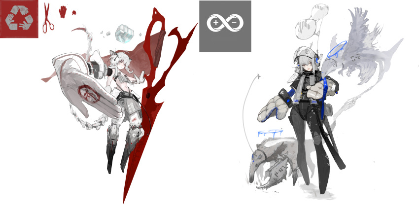 2girls absurdres animal animal_ears antenna_hair arrow_(symbol) bag balloon barcode bare_shoulders bird black_bag blush brown_eyes chimera claws closed_mouth collar crab_claw creature cross equation extra_arms floating floating_object flying gloves grey_background grey_eyes grey_gloves grey_hair hair_between_eyes hair_ornament hairclip halo highres ice infinity kite_balloon looking_at_viewer math mechanical_arms mechanical_legs mechanical_tail medium_hair minus_sign multicolored_clothes multicolored_gloves multiple_girls navel open_hands open_mouth original oversized_object plus_sign pouch recycling_symbol red_gloves ric_li science_fiction scissors see-through short_hair simple_background smile tail transparent two-tone_gloves weapon white_gloves zipper zipper_pull_tab