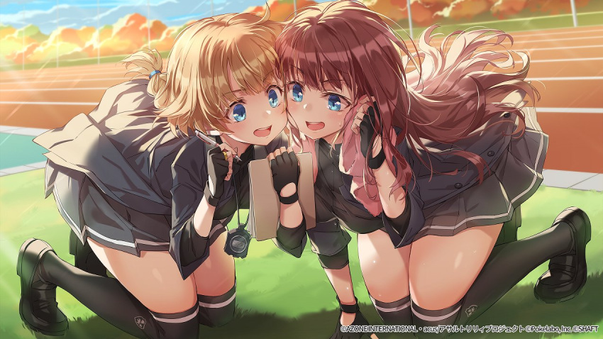2girls all_fours arm_support assault_lily bangs black_footwear black_gloves black_jacket black_shirt black_skirt black_thighhighs blue_eyes blue_sky blush braid braided_ponytail brown_hair cheek-to-cheek clouds collared_shirt commentary_request day emblem fingerless_gloves floating_hair futagawa_fumi gloves grass hand_up hands_up heads_together holding holding_notepad holding_pen holding_towel jacket jewelry kaede_johan_nouvel layered_sleeves loafers long_hair long_sleeves looking_at_object low_ponytail michairu multiple_girls notepad official_alternate_costume official_art on_grass on_ground open_clothes open_jacket open_mouth outdoors over-kneehighs pen ring running_track school_uniform shirt shoes single_braid single_stripe skirt sky stopwatch stopwatch_around_neck striped striped_skirt sweat teeth thigh-highs towel tree upper_teeth watermark wavy_hair wiping_face wiping_sweat yurigaoka_girls_academy_school_uniform