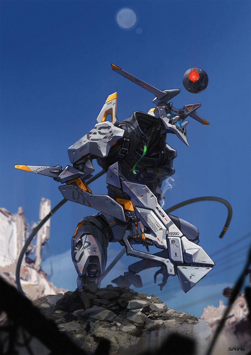 cable esuthio floating gun highres holding holding_gun holding_weapon mecha moon no_humans original robot science_fiction sky solo trigger_discipline weapon