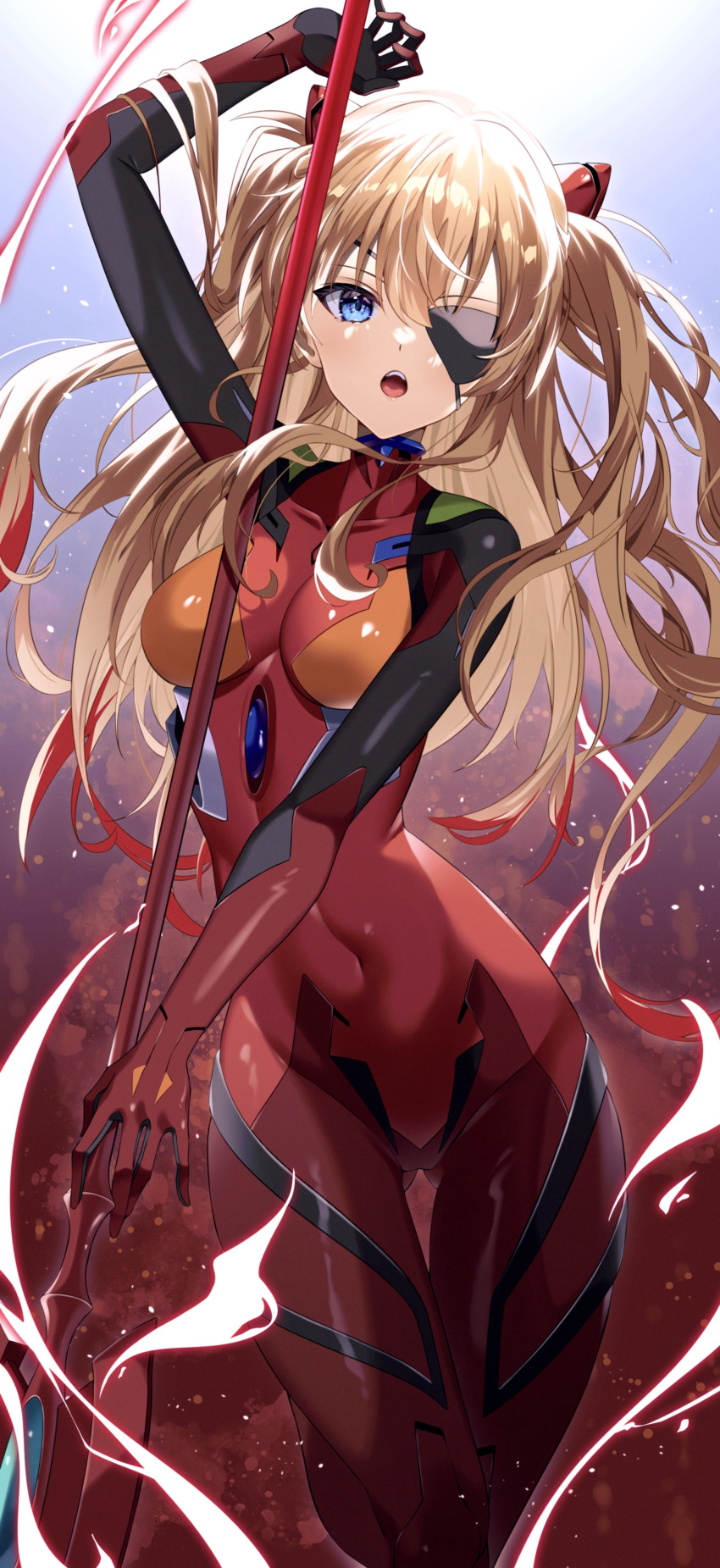 @shun absurdres blue_eyes bodysuit breasts evangelion:_3.0+1.0_thrice_upon_a_time eyepatch highres interface_headset looking_at_viewer neon_genesis_evangelion plugsuit rebuild_of_evangelion skin_tight souryuu_asuka_langley thighs two_side_up