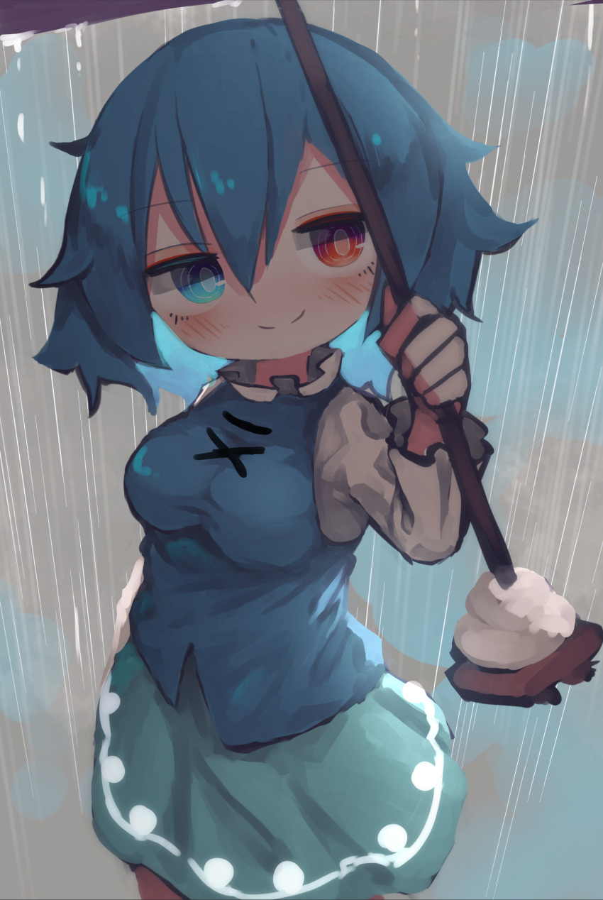 1girl absurdres bangs blue_eyes blue_hair blue_skirt blue_vest chii_(tsumami_tsumamare) closed_mouth cross-laced_clothes hair_between_eyes highres holding holding_umbrella karakasa_obake long_sleeves looking_at_viewer outdoors purple_umbrella rain red_eyes shirt short_hair skirt smile solo tatara_kogasa touhou umbrella vest white_shirt