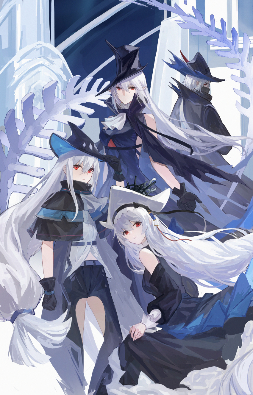1boy 3girls absurdres arknights ascot bangs bare_shoulders black_dress black_gloves black_headwear clothing_cutout commentary dress from_behind gladiia_(arknights) gloves grey_hair hand_on_headwear hat high_collar highres long_hair looking_at_viewer looking_back low-tied_long_hair mask mouth_mask multiple_girls pointy_ears red_eyes skadi_(arknights) skirt_hold smile specter_(arknights) specter_the_unchained_(arknights) thigh_cutout ulpianus_(arknights) very_long_hair was775 white_ascot