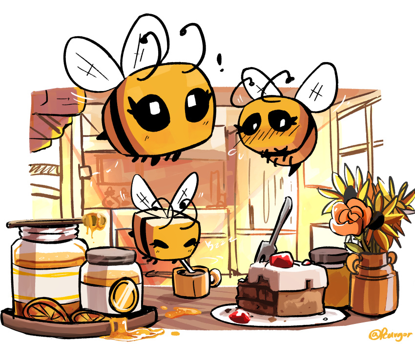 ! absurdres bee bee_(minecraft) blush bug cake cake_slice day eyelashes flower food highres honey honey_dipper indoors jar minecraft no_humans peargor