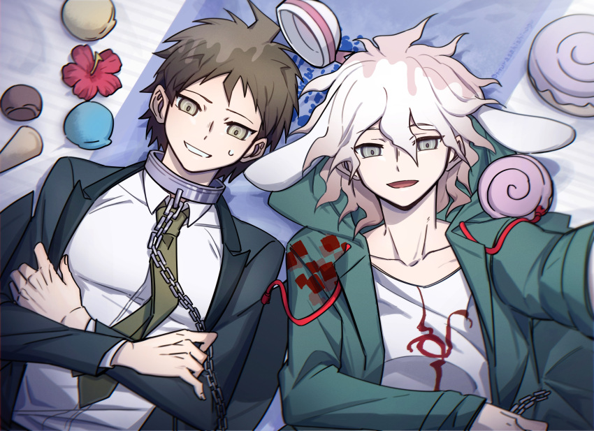 2boys absurdres ahoge animal_ears arm_up bangs black_jacket brown_eyes brown_hair chain collar collarbone collared_shirt cup danganronpa_(series) danganronpa_2:_goodbye_despair flower food gradient_hair green_jacket green_necktie grey_eyes grey_hair grin hair_between_eyes highres hinata_hajime jacket kemonomimi_mode komaeda_nagito long_sleeves lying messy_hair metal_collar multicolored_hair multiple_boys necktie on_back open_clothes open_jacket open_mouth print_shirt rabbit_ears red_flower shirt shirt_tucked_in smile sweatdrop teeth upper_body white_shirt ziling