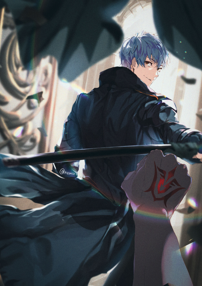 2boys absurdres bangs black_coat blue_hair closed_mouth coat collared_coat command_spell commentary_request fate/grand_order fate_(series) fujimaru_ritsuka_(male) highres holding holding_sword holding_weapon katana light_particles looking_back male_focus multiple_boys nhwe5525 orange_eyes out_of_frame saitou_hajime_(fate) short_hair smile solo_focus sword twitter_username weapon