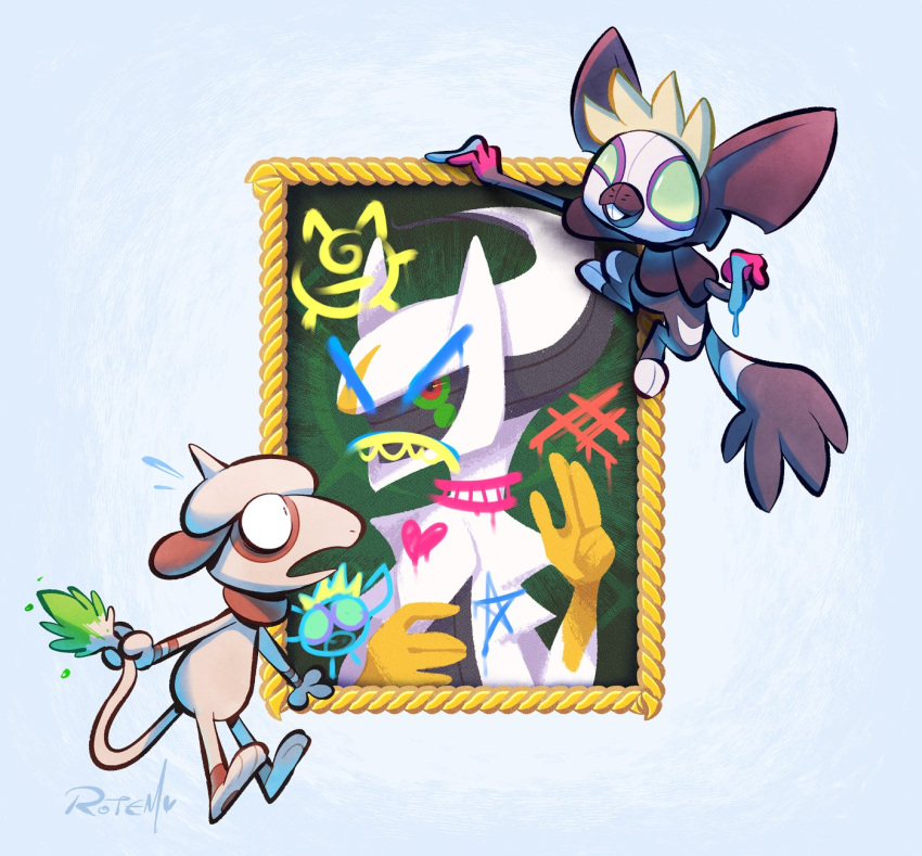 arceus character_print commentary flying_sweatdrops grafaiai graffiti green_eyes hanging highres holding no_humans open_mouth paint picture_(object) picture_frame pokemon pokemon_(creature) signature smeargle tail tail_grab vaporotem